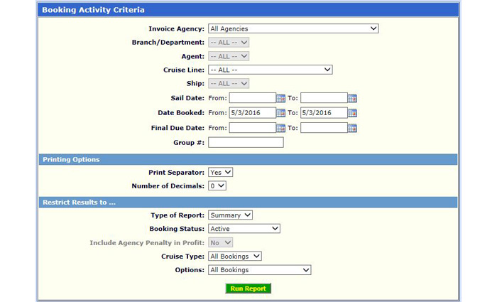 Booking Activity Search Criteria